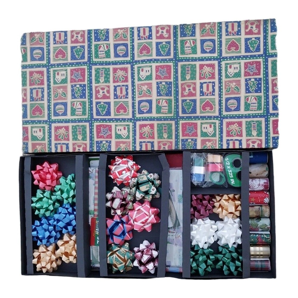 Vintage Christmas Wrapping Kit With Bows Gift Tags Multicolor Paper Supplies